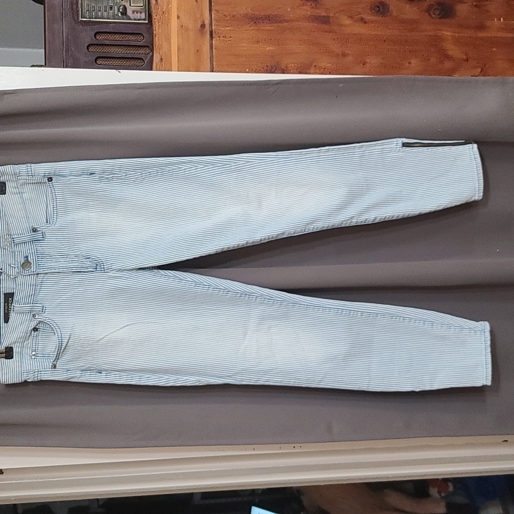 J Crew Toothpick Womens Ankle Jeans Blue/White Stripe  Zippered Ankles Sz 28 EUC
